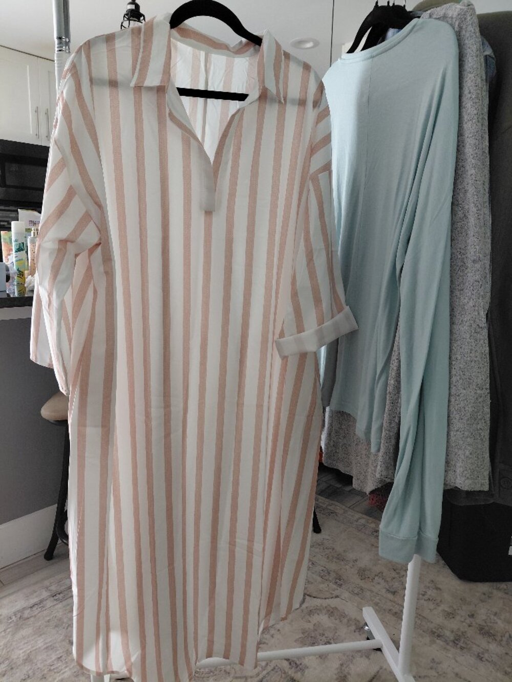 Mid-Calf Length Womens Dress, White with Apricot Stripes.